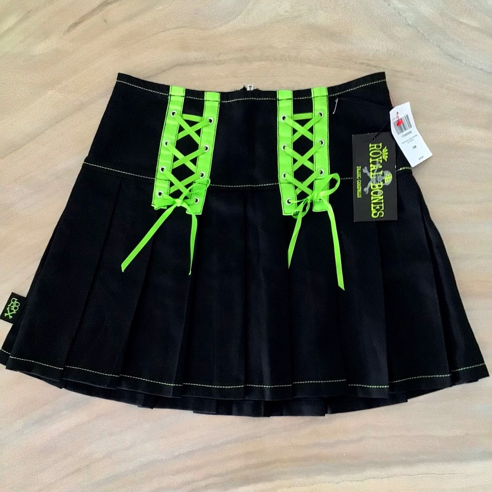 Royal Bones Black/Lime Pleated  Lace-Up Skirt Size S